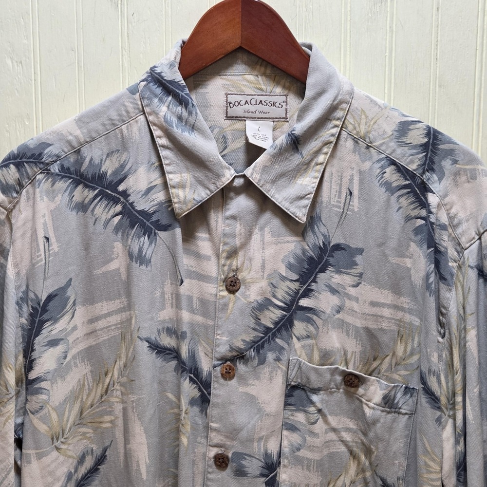 Boca‎ Classics Shirt Mens Large Gray Blue Hawaiian 100% Silk Short Sleeve